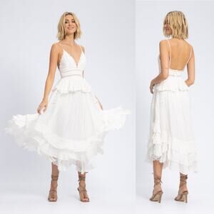 NWT Rococo Sand Sleeveless V-Neck Long Ruffle Lace Dress